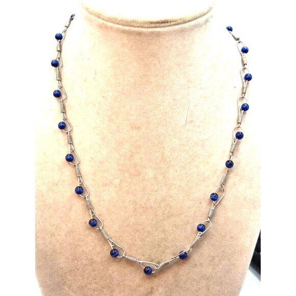 Handcrafted Silver Wire Necklace With Blue Glass Beads - Picture 1 of 3